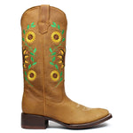 Women's Genuine Leather Western Cowgirl Boots Square Toe Botas 3D Sunflower
