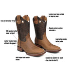 Men's Brown Genuine Leather Pull On Western Cowboy Boots Sqaure Toe Botas Vaqueras