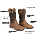 Men's Brown Genuine Leather Pull On Western Cowboy Boots Sqaure Toe Botas Vaqueras