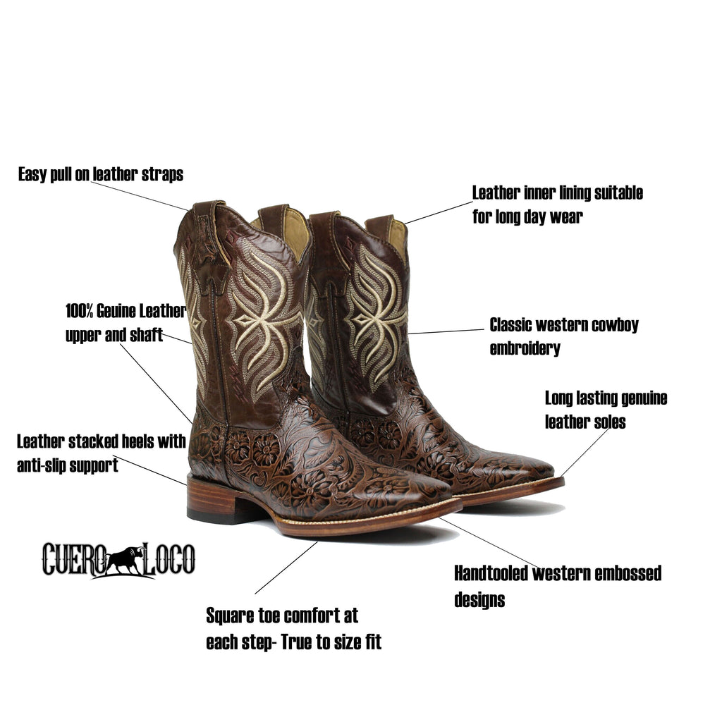 Men's Moka Genuine Leather Hand tooled Western Cowboy Boots Square