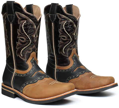 Men's Honey/Black Genuine Leather Western Cowboy Boots Rodeo Square Toe Botas Vaqueras