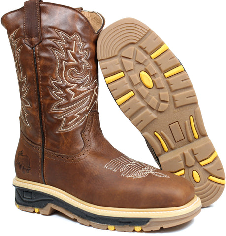 Men's Honey Genuine Leather Cowboy Steel Toe Work Boots Oil Resistant Botas de Trabajo