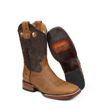 Men's Brown Genuine Leather Pull On Western Cowboy Boots Sqaure Toe Botas Vaqueras