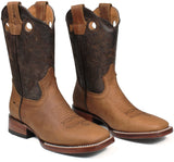 Men's Brown Genuine Leather Pull On Western Cowboy Boots Sqaure Toe Botas Vaqueras