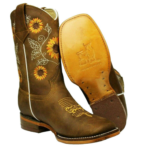Women's 100% Genuine Leather Sunflower Western Cowgirl Boots Botas Girasol