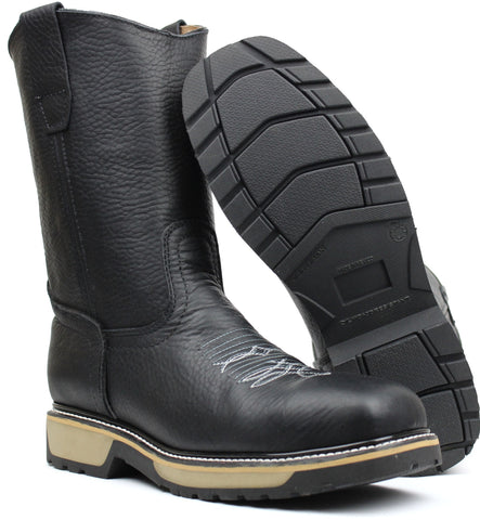 Men's Black Genuine Leather Cowboy Steel Toe Work Boots Oil Resistant Botas de Trabajo