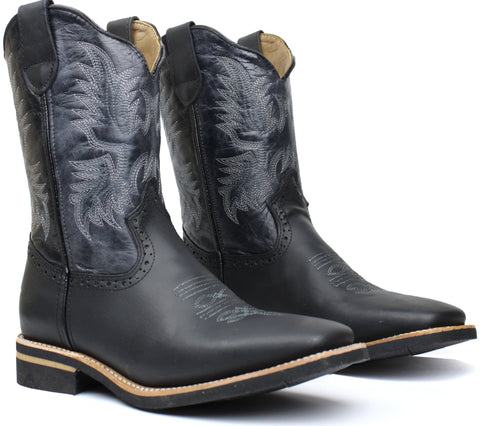 Men's Black Genuine Leather Western Cowboy Boots Rodeo Square Toe Botas Vaqueras