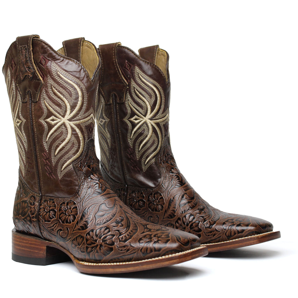 Botas Men Men's Moka Genuine Leather Hand tooled Western Cowboy Boots Square Toe ...