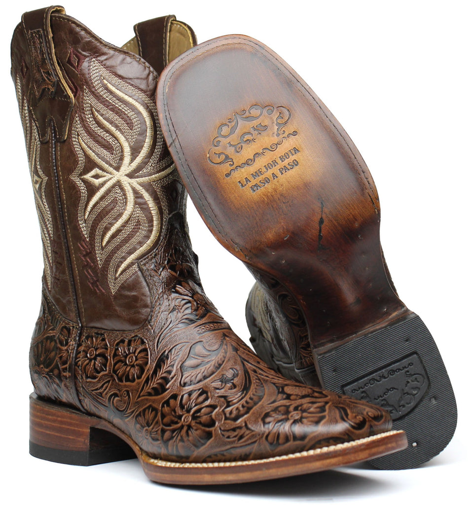 Botas Men Men's Moka Genuine Leather Hand tooled Western Cowboy Boots Square Toe ...