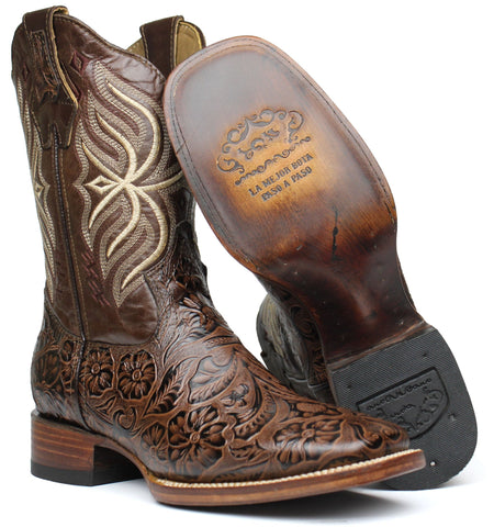 Men's Moka Genuine Leather Hand tooled Western Cowboy Boots Square Toe Botas Vaqueras