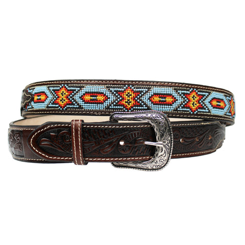 100% Brown Leather Cowboy Cowgirl Belt Hand Tooled Beaded Western Belt Cinto Vaquero