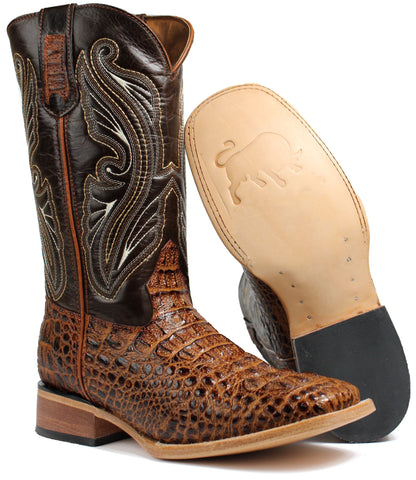 Men's Honey Leather Cowboy Boots Crocodile Print Faux Rodeo Square Toe Botas Vaqueras