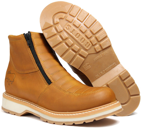Men's Honey Genuine Leather Double Density Moc Toe Work Boots Zipper Botas de Trabajo