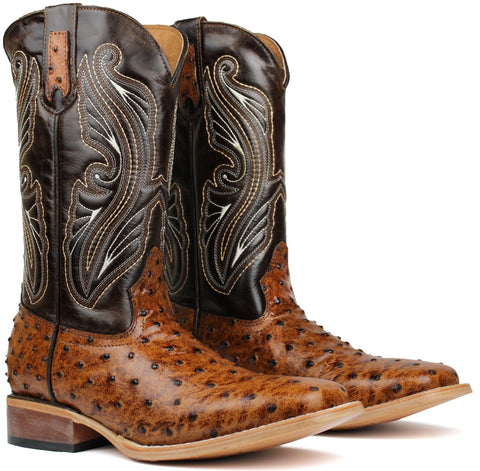 Men's Honey Leather Cowboy Boots Ostrich Print Faux Rodeo Square Toe Botas Vaqueras