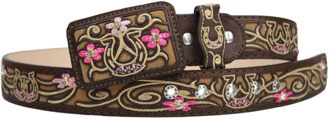 Cowgirl Belt 100% Genuine Leather 3D Horseshoe Floral Rhinestone Cinto Vaquero Rodeo Belt