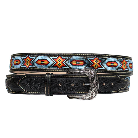 100% Black Leather Cowboy Cowgirl Belt Hand Tooled Beaded Western Belt Cinto Vaquero