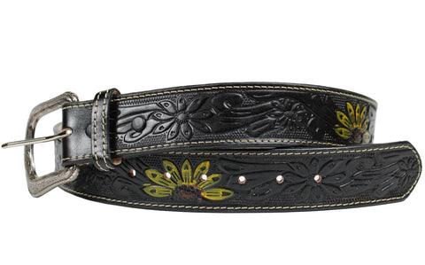 100% Black Leather Sunflower Cowgirl Belt Hand Tooled Western Style Belt