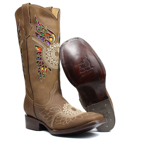 Women's Genuine Leather Western Cowgirl Boots Square Toe Botas Floral 3D