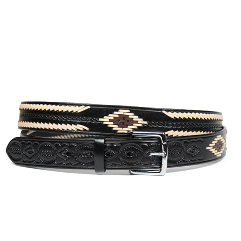 100% Black Leather Cowgirl Cowboy Belt Tooled Knitted Western Style Belt Cinto Vaquero