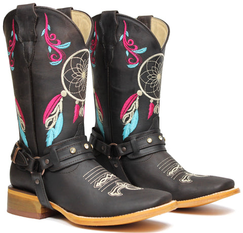 Women's Brown Genuine Leather Western Cowgirl Boots Dream Catcher Botas Vaqueras