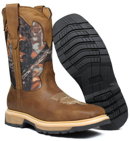 Men's Honey Genuine Leather Camo Cowboy Work Boots Double Density Sole Square Toe Boots