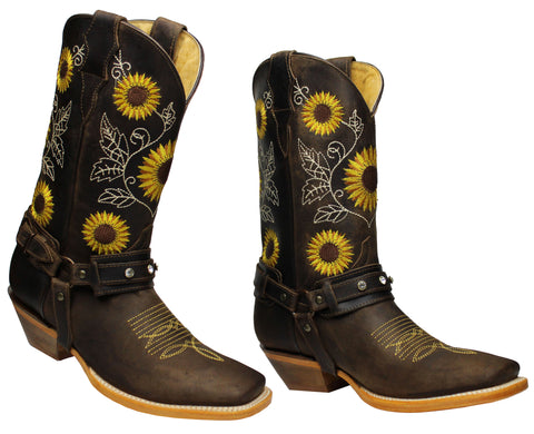 Brown Sunflower Genuine Leather Western Cowgirl Boots Square Toe Botas Vaqueras