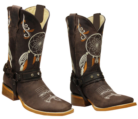 Women's Genuine Leather Western Cowgirl Boots Dream Catcher Botas Vaqueras