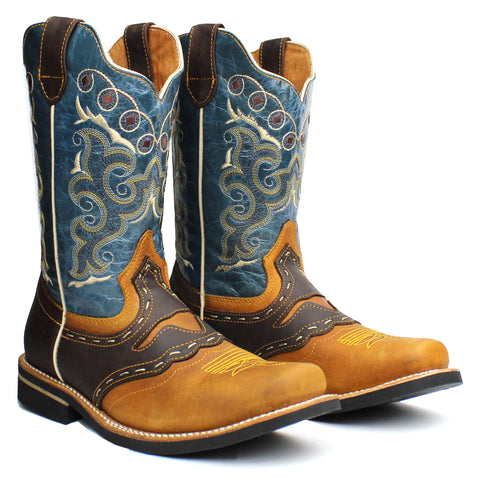 Men's Honey Genuine Leather Western Cowboy Boots Rodeo Square Toe Botas Vaqueras