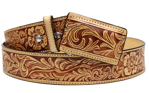 100% Leather Cowboy Cowgirl Belt Hand Tooled Western Style Belt Cinto Vaquero