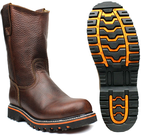 Men's Brown Genuine Leather Cowboy Work Boots Slip-On Oil Resistant