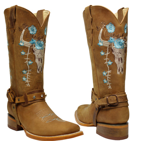 Women's Genuine Leather Western Cowgirl Boots Longhorn Square Toe Botas Vaqueras