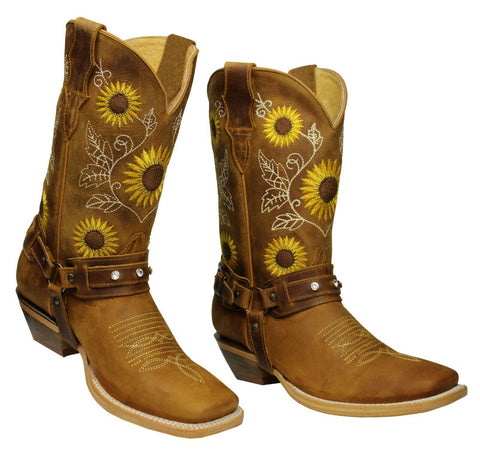 Sunflower Genuine Leather Western Cowgirl Boots Square Toe Botas Vaqueras