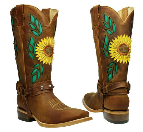 Sunflower Genuine Leather Western Cowgirl Boots Square Toe Botas Vaqueras