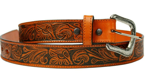 100% Honey Leather Cowgirl Cowboy Belt Hand Tooled Western Style Belt Cinto Vaquero