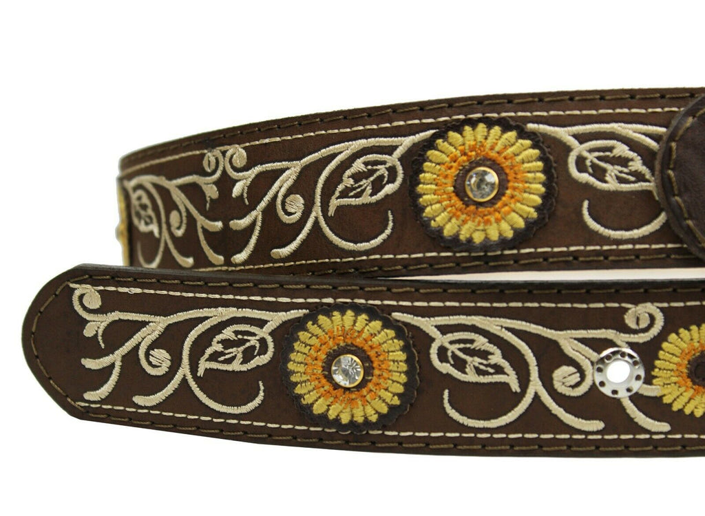 Cowgirl Belt 100% Genuine Leather Brown Sunflower Rhinestone Cinto