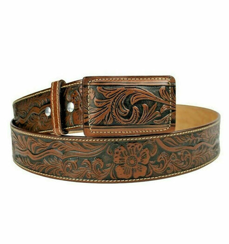 100% Leather Brown Cowboy Cowgirl Belt Hand Tooled Western Style Belt Cinto Vaquero