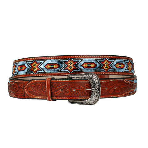 100% Leather Honey Cowboy Cowgirl Belt Hand Tooled Beaded Western Belt Cinto Vaquero